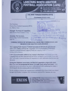 Plateau Governor’s Cup: Langtang North Pulls Out, Accuses PFA of UnprofessionaL Conduct