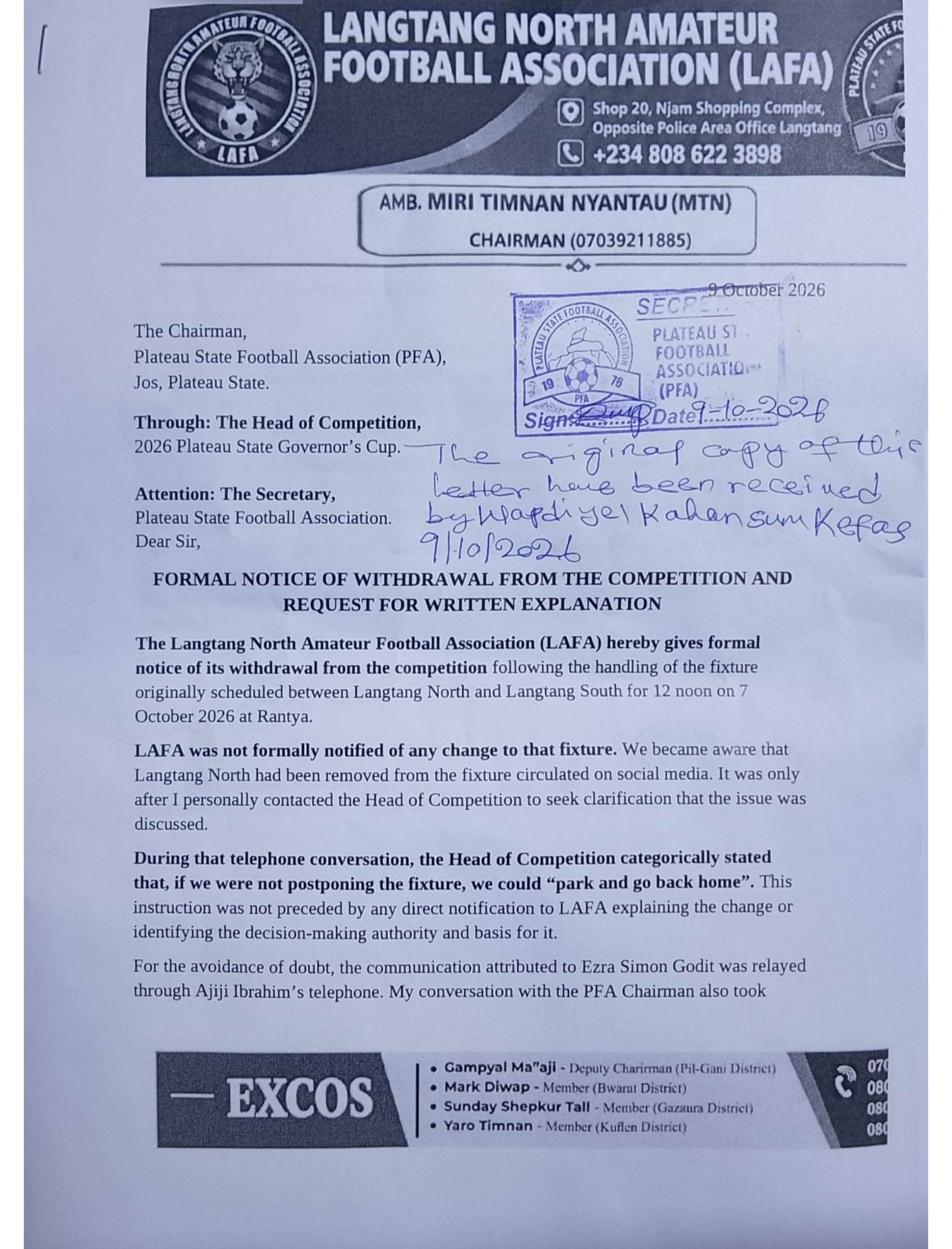 Plateau Governor’s Cup: Langtang North Pulls Out, Accuses PFA of UnprofessionaL Conduct